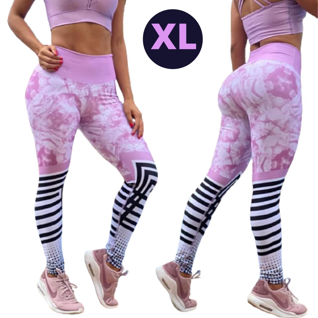 Leggings de cintura alta con rayas rosas y negras LXL