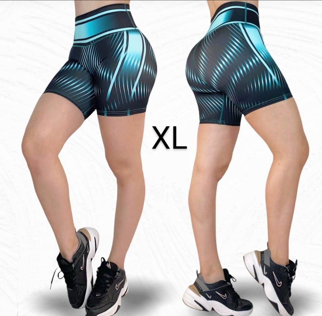 COR/CORP - Pantalón corto negro con rayas celestes, talla única y grande (cintura alta)