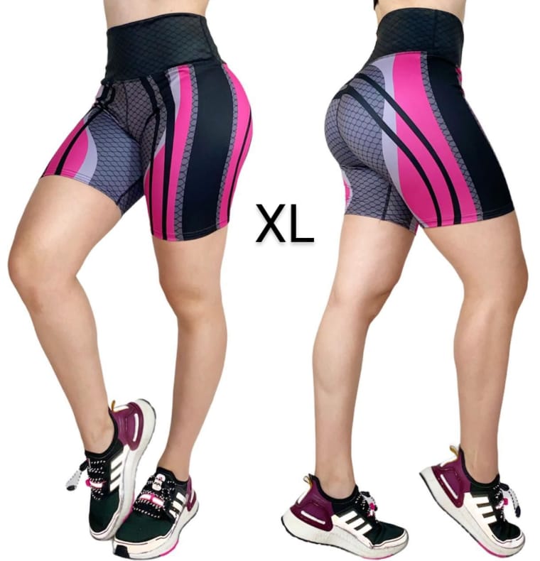 COR/CORP- Short Negro con Rayas Rosas Talla Única y PLUS (Cintura Alta)