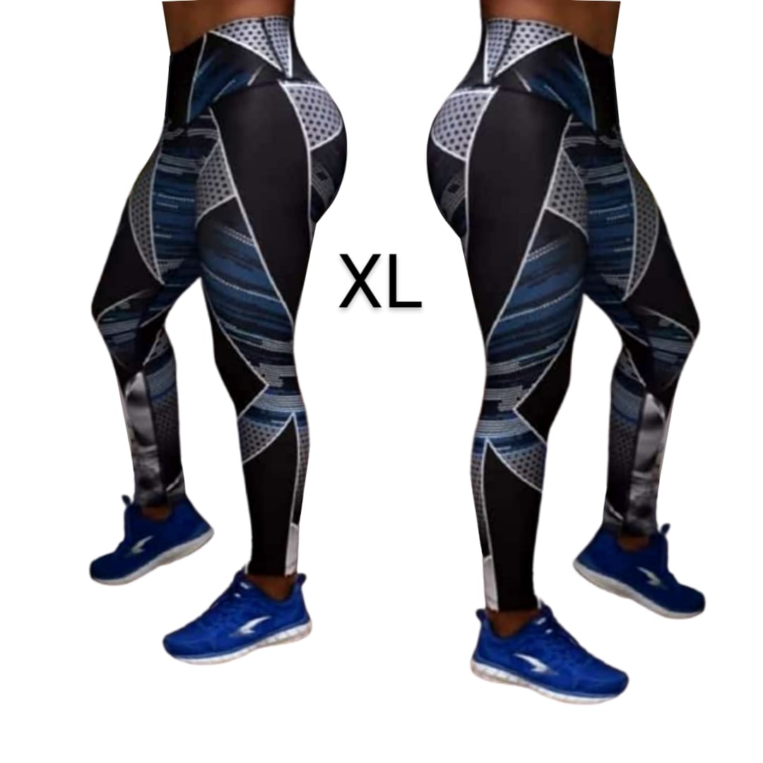 Leggings de cintura alta LXL "Rayas negras, grises y azules"