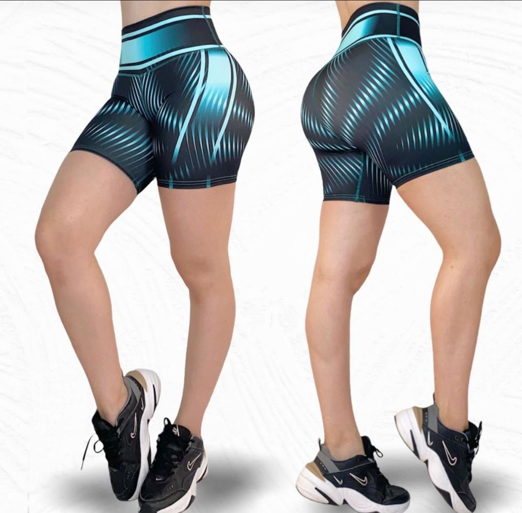 COR/CORP - Pantalón corto negro con rayas celestes, talla única y grande (cintura alta)