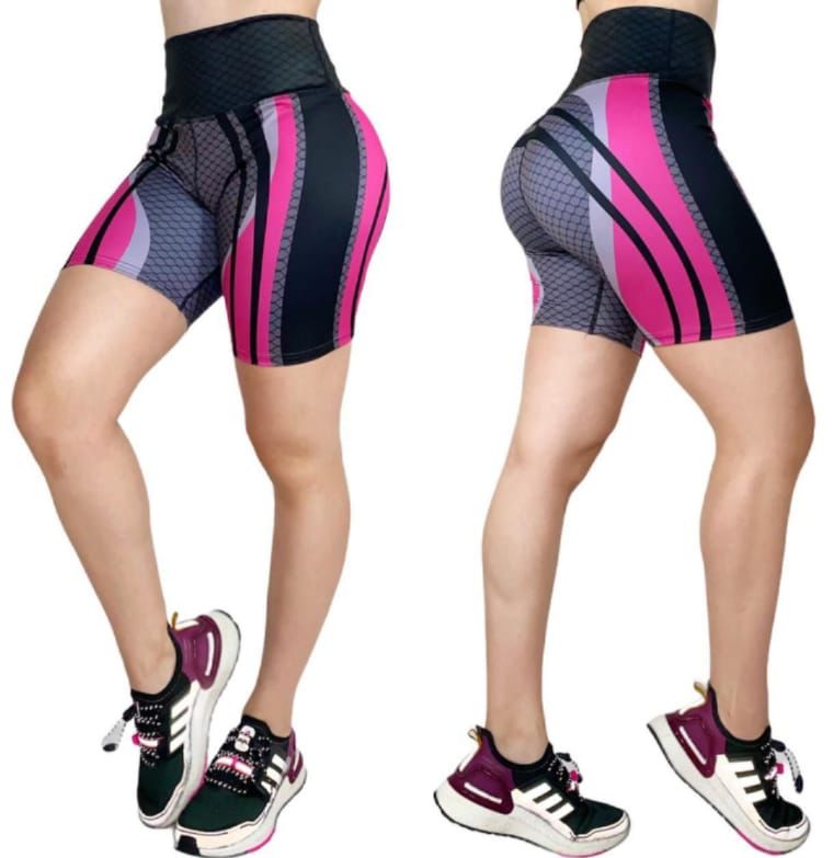 COR/CORP- Short Negro con Rayas Rosas Talla Única y PLUS (Cintura Alta)