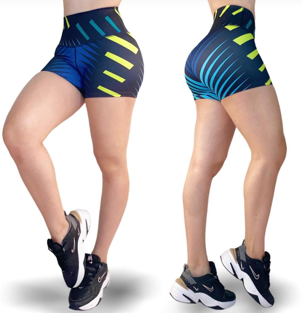 Minishort SHO negro con rayas amarillas y azules (cintura alta)
