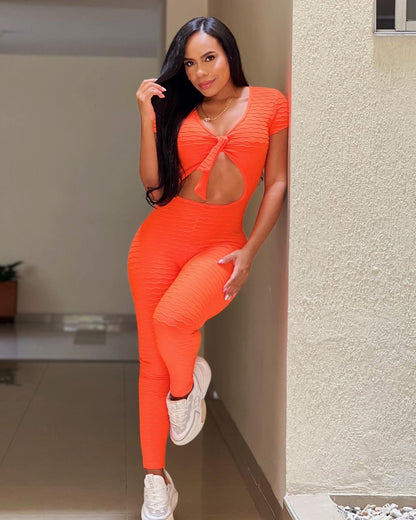 Sport Orange Front-knot Jumpsuit D5