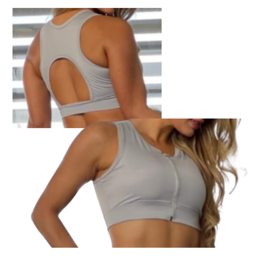 “Diane” Zip Front Stretch Racerback Sport Bra (Solid colors)