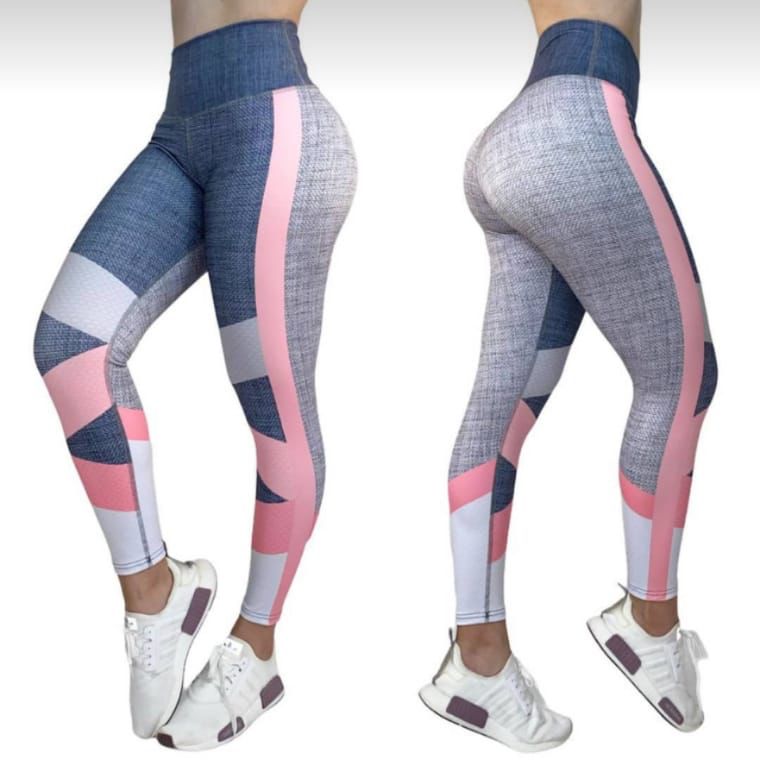 Gray, Pink and Blue Print High Waist Leggings